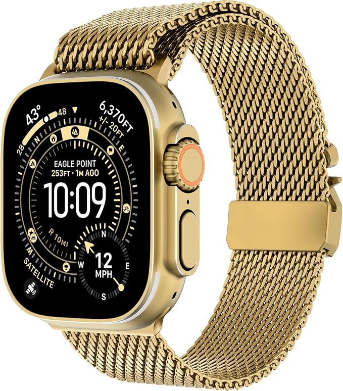 FULLIFE Milanese Mesh Loop for Apple Watch Band Apple Watch Ultra 3/2/1 Band 49mm 46mm 45mm 44mm Men Women, Stainless Steel Metal Band Parachute-style Buckle for iWatch Series 11 10 9 8 7 6 SE3 5 4 3