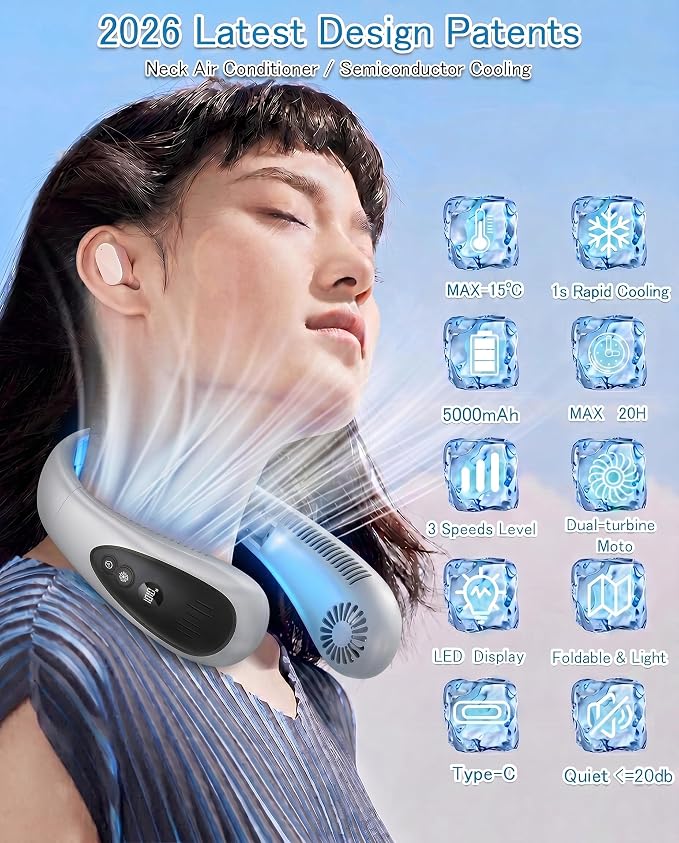 Neck Air Conditioner, Portable Neck Fan with Cooling Plate 360°Cooling Airflow, 5000mah Rechargeable USB Fan Hands Free Bladeless Wearable Foldable Mini Fan for Men Women Home Office Outdoor