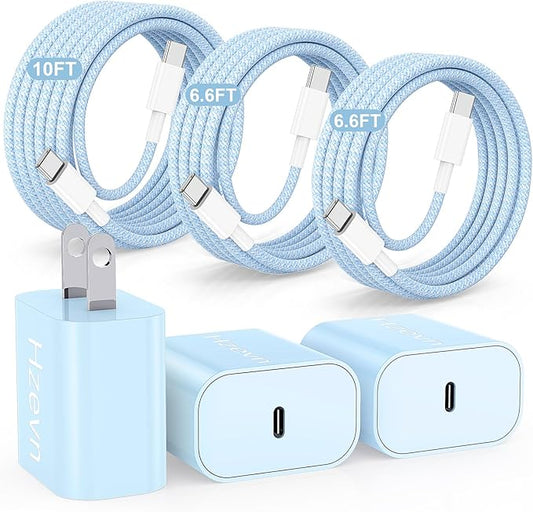 Fast Charging for iPhone 15 16 Pro Max Charger Colorful, 3Pack 20W USB C Fast Chargers Block with 6/6/10ft Long USB C to C Braided Cable Compatible with iPhone 16/15 Pro/15 Plus/iPad Pro 13/12.9,Blue