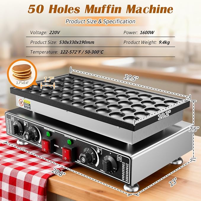 Baotree 50 PCS Commercial Mini Dutch Pancake Maker, 220V 1600W Mini Dutch Pancake Maker, 1.77 Inches Pancake Maker with 2 Thermostats & 2 Timers Separate Control, for Home and Restaurants