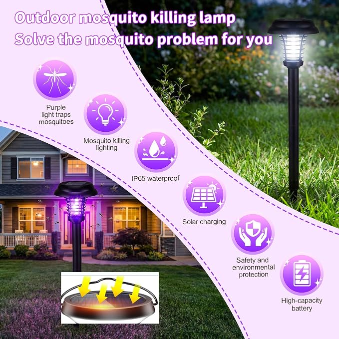 4 Pcs Solar Bug Zapper Outdoor Waterproof Mosquito Repellent Light Solar Power Fly Killer Lamps for Moths, Gnats, Fly, Small Flying Insect Backyard Garden Lawn (Plastic,Purple & Soft Light)