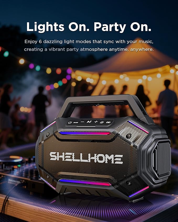 ShellHome Bluetooth Outdoor Speakers, 80W(Peak) Loud Wireless Speaker, 30H Playtime, RGB Lights, BassUp 2.0, IPX6 Waterproof, TWS, Bluetooth 6.0, Portable Boombox for Party, Pool, Beach (Teal)