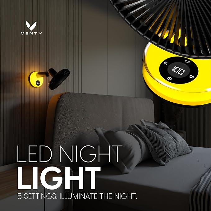 VENTY Portable Clip Fan - Rechargeable 10-Hour Battery Portable Fan - 360° Rotation & 90° Tilt - Stroller, Desk or Bedside - Aromatherapy & LED Light - USB-C cable & Carrying Pouch