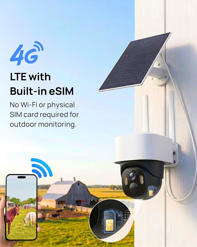 Aurumbach 4G LTE Cellular Solar Security Camera Wireless Outdoor, No WiFi Solar Powered Cameras, 4MP PTZ 360° View, Motion Tracking, Color Night Vision, AI Detection, Built-in eSIM