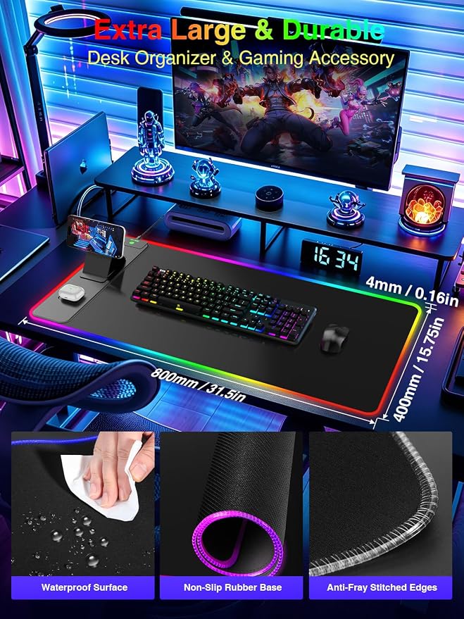 RGB Gaming Mouse Pad with Magnetic Wireless Charging & Phone Stand, 31.5"x15.8" Large, 25 Light Effects, Non-Slip Base, Waterproof Ultra-Smooth Surface, No Adapter