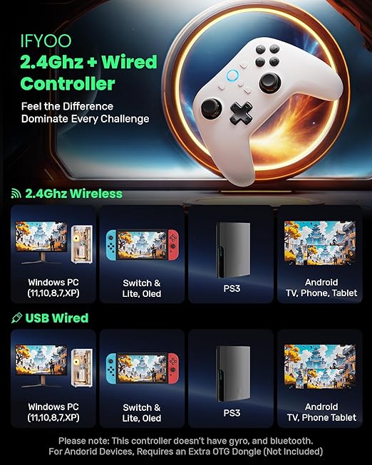 IFYOO N1 2.4G Wireless Gaming Controller, Hall Effect Trigger and Joystick, for PC Computer Laptop (Win 11/10/8/7), Steam, Android, PS3, Switch(No Gyro), Wired Game Controller Dual-Mode Gamepad