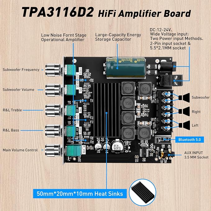 Daakro ZK-TB21 Bluetooth Amplifier Board,50W+50W+100W 2.1 Channel Subwoofer Amp Board with Treble and Bass Control,DC 12-24V, Bluetooth and AUX Inputs, DIY Wireless Speakers AMP Board, Password Free