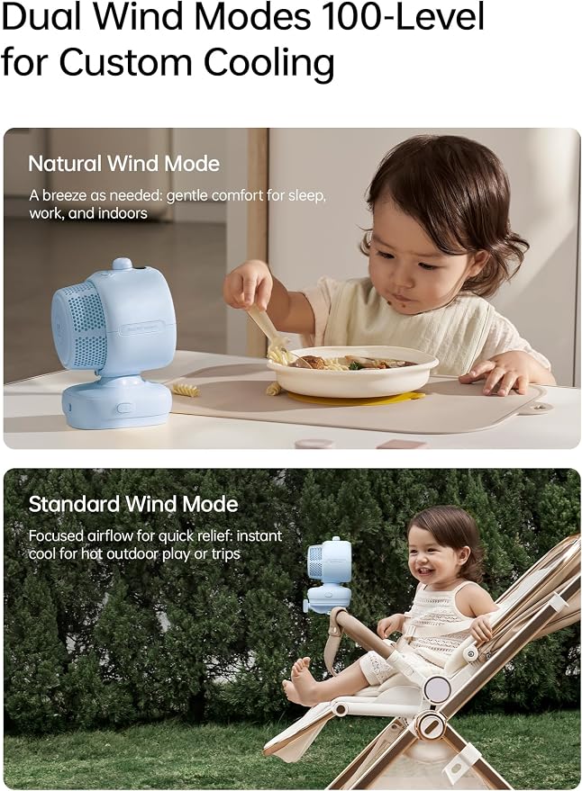 JISULIFE Chic Stroller Fan 2026-Baby Cool Helper: Smart 120° Auto Oscillation with 100 Speeds, 21H Super-Long Battery, Portable Baby Fan for Crib, Stroller & Bedroom, Gift for Moms-Blue(Clip)