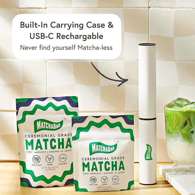 MatchaBar Electric Milk Frother Hand Blender - Stainless Steel Electric Matcha Whisk, Handheld Drink Mixer for Coffee, Greens & Protein - Easy to Clean USB Rechargeable High-Speed Immersion Blender