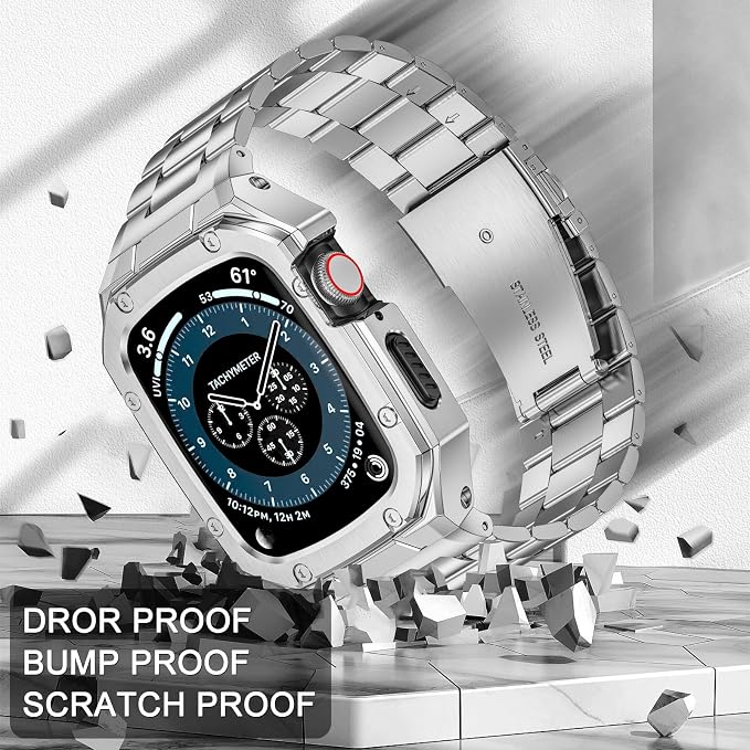 BAITEYOU Stainless Steel Watch Band with Case Compatible with Apple Watch Series 11 10 42mm, Rugged Strap with Metal Protective Bumper Cover for iWatch Bands Men (Silver)