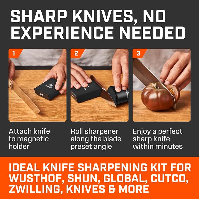 TUMBLER Pro Rolling Knife Sharpener™ - Knife Sharpening Made Easy - Rolling Knife Sharpening Kit with Removable Disc System - Includes 4-Layer Diamond Sharpening Disc & EdgeBoost Ceramic Disc (Black)