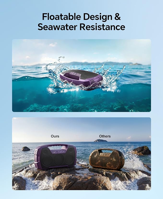 IPX7 Waterproof Outdoor Bluetooth Speaker, Wireless, 90W(Peak), 32H Playtime, Floating Design, Deep Bass & Loud Stereo Sound, Portable with Handle, Rugged for Pool, Beach, Kayaking, Hiking, Purple