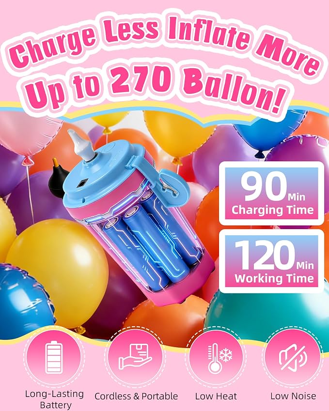 Portable Balloon Pump Electric, Rechargeable Cordless Balloon Pump Inflator for All Balloons, Latex 260q Foil Mylar Balloon Inflation, Quick-Fill Inflator& Deflator for Inflatables