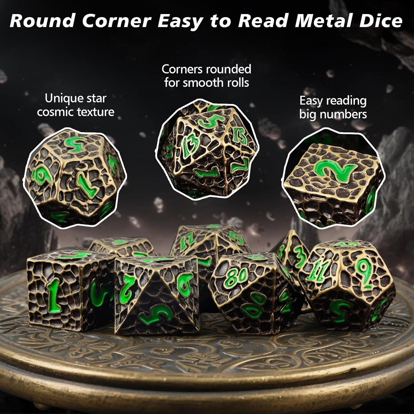 PJOY Metal Dice Set D&D for Dungeons and Dragons Green Metal Druid DND Dice with Case Meteorite Bronze 16mm 7PCS Role Playing Cool DND Gifts for Players DM Game Masters
