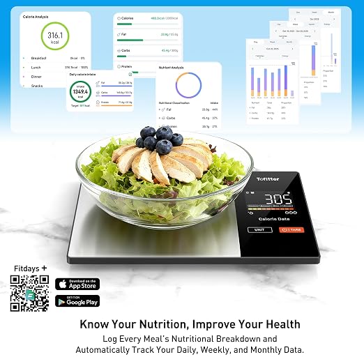 Kitchen Scales Food Scales Calorie Counting Nutrition Food Scale with Free App & Bluetooth Tracks 20 Nutrients. 1g/0.1oz Precision Tare Function – For Weight Loss, Fitness, Baking & Meal Prep
