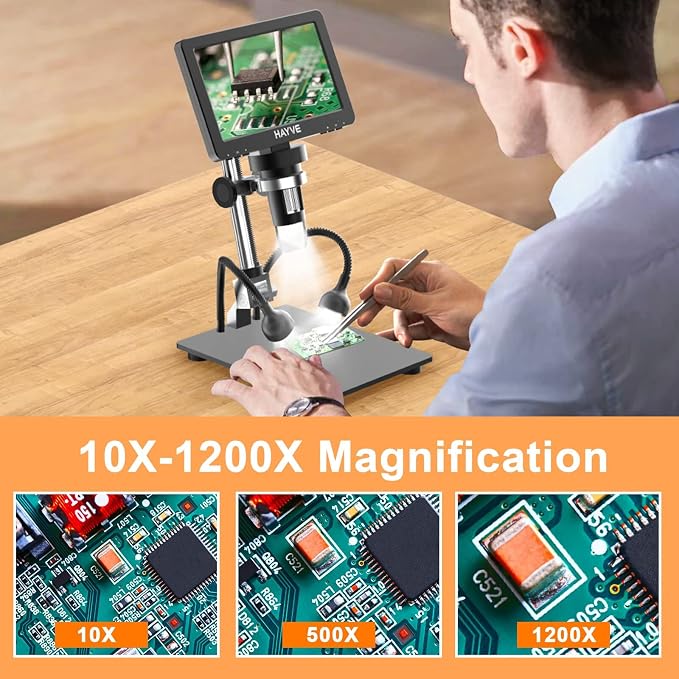 7'' HDMI Digital Microscope,1200X Coin Microscope with IPS Screen, 16MP Soldering Microscope with Lights, 8.5'' Long Stand, View Entire Coin, Compatible with PC/TV, 32GB Card