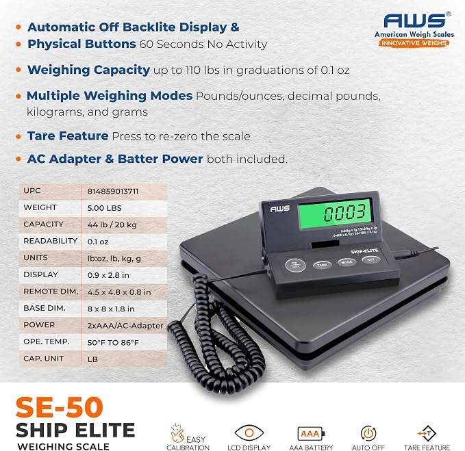 American Weigh Scales Digital Shipping Scale | Highly Accurate Multifunctional Postal Package & Luggage Weighing Scale | 110 lbs x 0.1 oz | Backlit LCD | Battery & AC Adapter | Compact Platform
