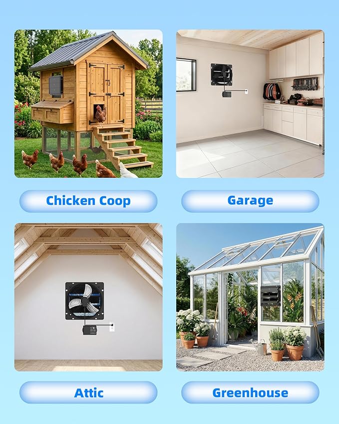 10'' Upgraded Shutter Exhaust Fan with Thermostat & Remote, 890 CFM Wall Mounted Attic Exhaust Fan, Auto On/Off by Temperature for Garage, Greenhouses, Sheds, Chicken Coops & Basement