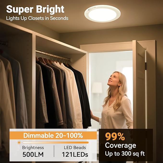 Rechargeable Ceiling Light No Wiring - Motion Sensor Night Light Indoor with Remote, Battery Operated Led Lights for Bedroom Hallway, Living Room, Bathroom, Home & Kitchen Decor Lighting (2)