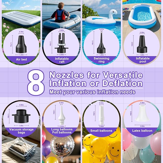 FLSEPAMB Electric Balloon Pump, 3-in-1 Portable Electric Air Balloon Blower Machine Balloon Pump 2 Motor Dual Nozzle Balloon Inflator for Latex 260Q Long Foil Balloons Swimming Rings Air Beds