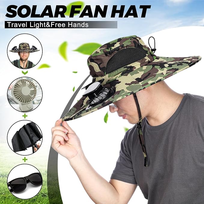 Shinymoon 2 Pcs Solar Fan Hat for Men Wide Brim Outdoor with 2 Solar Fan Summer Sun Protection Fishing Beach Bucket Hat USB Charging Breathable Waterproof for Camping Hiking Safari Gardening