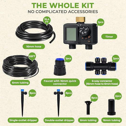 HIRALIY 82FT Drip Irrigation Kit with 2-Zone Garden Water Timer, Automatic Garden Watering System with Quick-Connect Drippers, Rechargeable Irrigation Timer Kit for Raised Beds, Patio, Greenhouse