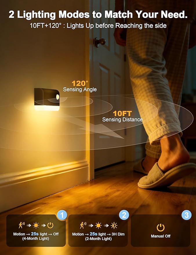 VOLISUN Motion Sensor Night Light, Rechargeable Stair Lights Indoor, Battery Operated Night Light for Hallway, Stairway, Bathroom, Bedroom, Kitchen, 3 Modes & 3 Color Temperatures(8 Pack Black)