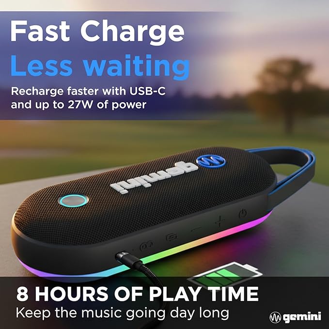 Gemini Magnetic Bluetooth Golf Cart Speaker, Waterproof (BeatGrip Pro) | Magnetic golf cart speaker, waterproof - 8 hr battery, USB-C - 8 LED modes, mic - multi-link to 50
