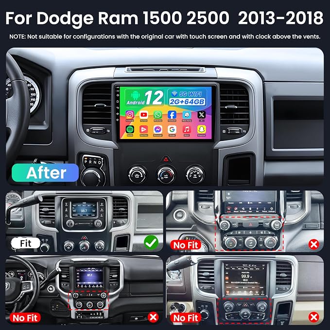 4Core 64G ROM 5G WiFi Car Radio for Dodge Ram 2013-2018 1500 2500 : 9" 1280*800 HD Touchscreen Stereo Replacement with Wireless Carplay Android GPS Bluetooth FM SWC Backup Camera (Only fit Manual AC)