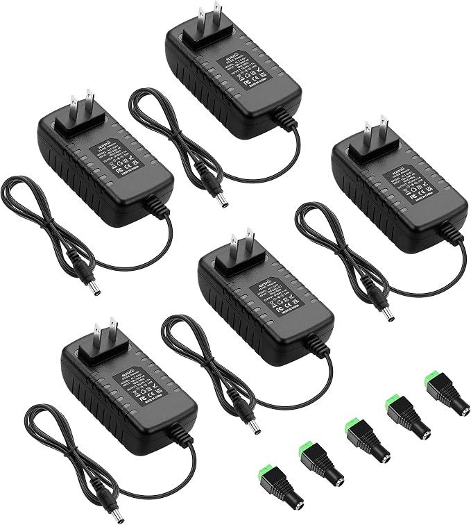 ALITOVE 24 Volt Power Supply DC 1A 24W AC Adapter 24V Transformer Power Cord 1000mA 800mA 650mA 500mA with 5.5mm x 2.5mm 2.1mm Tip for LED Lights CCTV Camera DC Motor Water Pump (5 Pack)