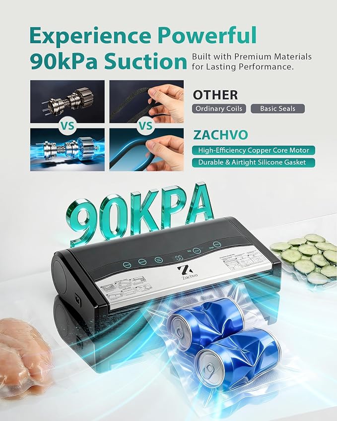 Vacuum Sealer for Food, 90kPa Auto Lock Food Sealer Machine, with Bag Rolls | Hands-free Auto Lock, 80+ Bags Continuous Sealing, 8mm Double Heat Seal for Moist Foods, Built in Cutter & Roll storage