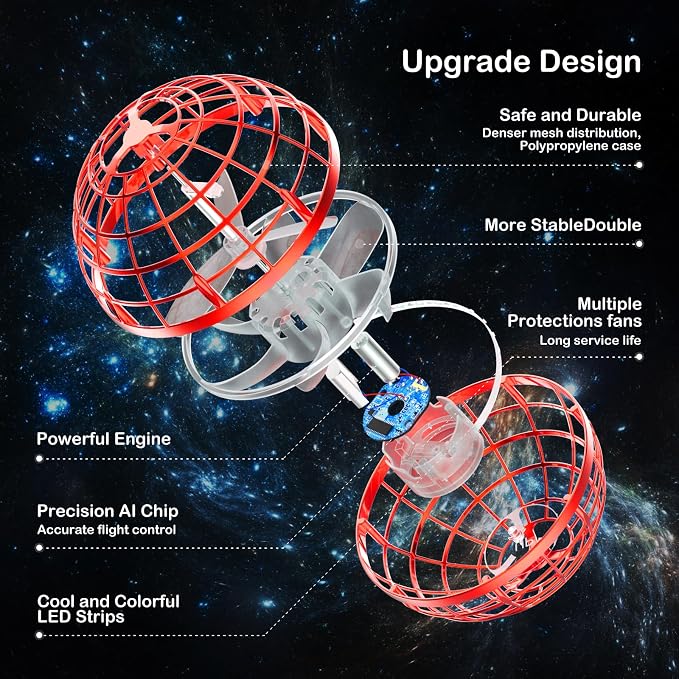Flying Orb Ball 2025 Boomerang Hover Ball Galatic Fidget Spinner Mini Drone Cool Toys Birthday Gift Ideas for 6 7 8 9 10+ Year Old Boys Girls Teens Indoor Outdoor (Red)