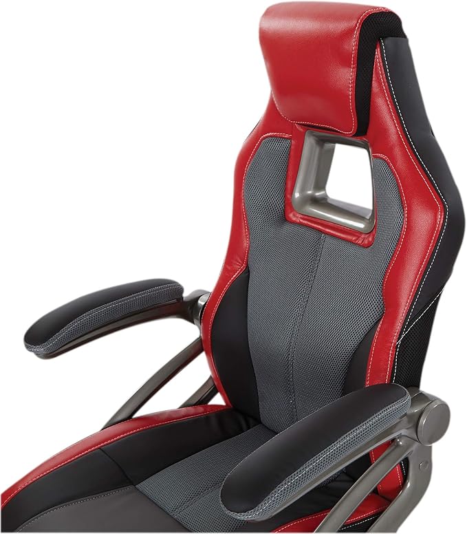 OSP Home Furnishings Race Car Adjustable Gaming Chair, Charcoal Grey Bonded Leather with Red Accents
