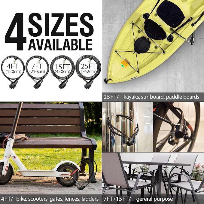 MARQUE Bike Lock with Key – 3/8” (4Ft, 7Ft, 15Ft, 25Ft) Straight Cable Locks with Keys, Anti-Theft Security Cable for Bicycles, Scooters, Kayaks, Paddle Boards, Gates