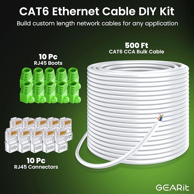 GEARit RJ45 Cat-6 Ethernet Patch Cable, DIY Bulk Kit (10 RJ45 & 10 Boot), 10Gpb Transfer Speed, Gold-Plated Connectors, Copper Clad, Outdoor, UV Resistant, Direct Burial, Waterproof, 500 Foot, Black