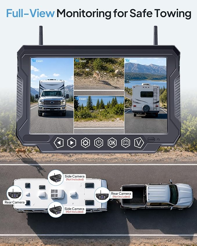 RV Backup Camera Wireless 7-inch for Furrion: Touchkey 4-Channel with Recording 1080P HD RV Rear View Camera Night Vision Waterproof Easy Install for Trailers, Boats, Fifth Wheels