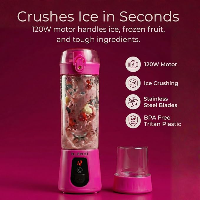 BLENDi Pro+ Portable Blender (New 2025 Model, 17.5oz, Hot Pink) – Upgraded Ice Crushing 120W Motor, USB-C Rechargeable, Cordless Personal Blender Smoothies & Shakes – BPA-Free, Travel-Friendly