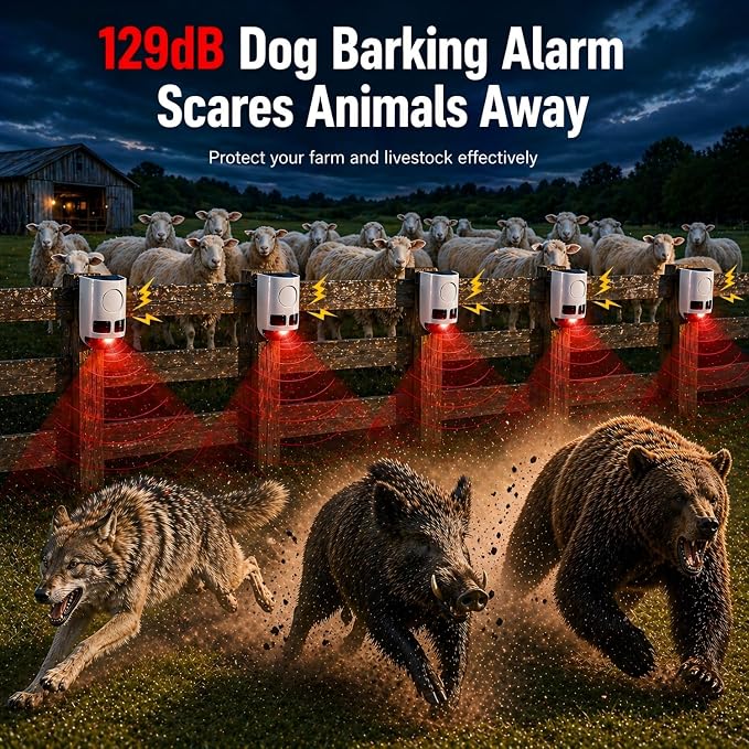 ChunHee Solar Motion Sensor Alarm Outdoor 4 Working Mode Dog Barking Motion Activated Alarm 129dB Loud Sound Noise Maker IP65 Waterproof Motion Detector with Strobe Light for Yard Farm Garden 4Pack