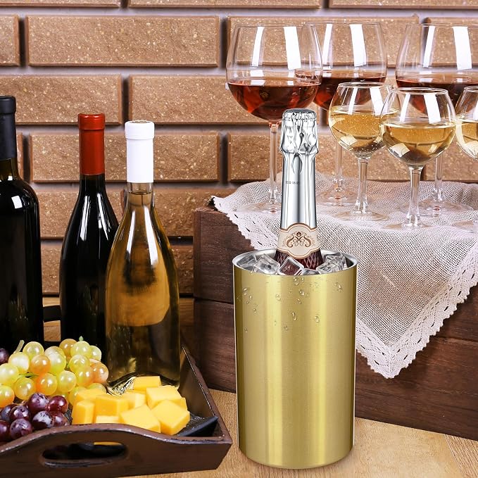 Potchen 6 Pack Wine Chiller Bucket Wine Bottles Cooler Bulk, Stainless Steel Double Wall Insulated Champagne Ice Bucket for Parties,Fits for 750 ml Bottles (Gold)