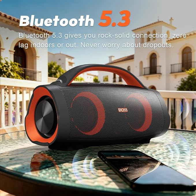 DOSS Extreme Boom Pro 100W Loud Outdoor Speaker, 2+2 Channel, IPX6 Waterproof, Bluetooth 5.3, 20H Playtime, Dynamic Lights, Portable Speaker for Camping, Beach, Pool, Working Outside - Orange