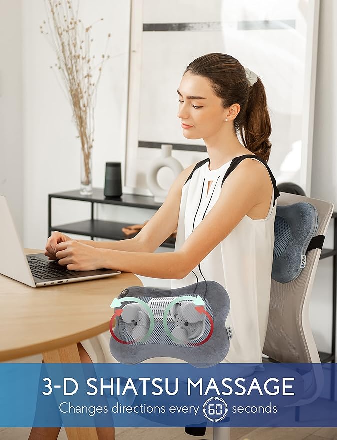 Zyllion Shiatsu Back and Neck Massager with Heat - 3D Electric Kneading Deep Tissue Massage Pillow for Muscle Pain Relief, Slate, ZMA-13