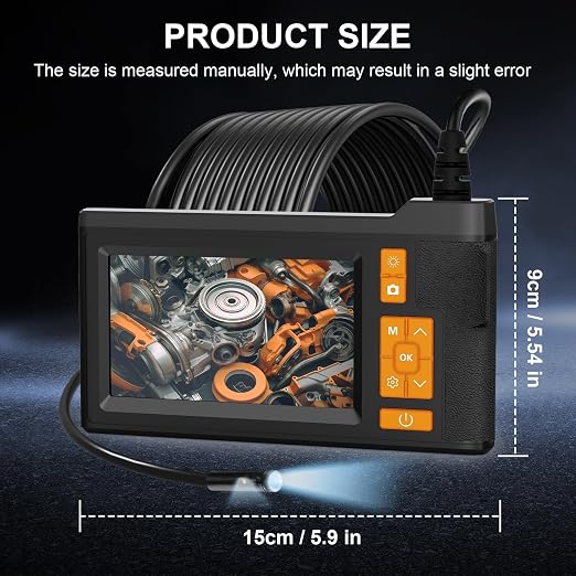 50FT Dual Lens Endoscope Camera with Light, 4.3" Borescope Support 1080P Photo/Video, IP67 Waterproof with 8 LED Lights, Semi-Rigid Inspection Snake Cable for Pipe, Engine & HVAC