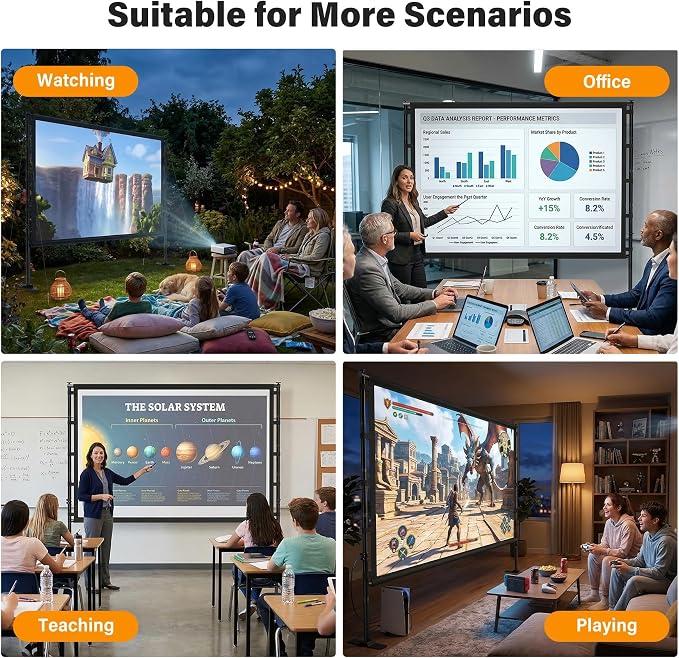 Outdoor Projector Screen with Stand 120 Inch, 16:9 Portable 4K HD Indoor Movie Screen, Large Double-Sided Washable Screen with Carry Bag, Sandbags for Backyard, Camping, Home Theater