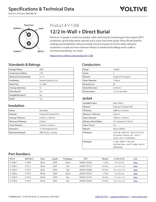 Voltive 12/2 Speaker Wire, in-Wall CL3 & Direct Burial, White, 500ft - 12AWG, 2 Conductors, Stranded Oxygen-Free Copper, UL Listed - V-1206-6