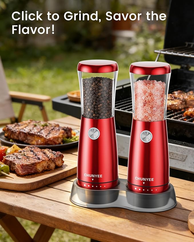 Electric Salt and Pepper Grinder Set - Automatic Stainless Steel Rechargeable Salt and Pepper Grinder Set with Storage Base, Large Capacity, LED Light & Adjustable Coarseness, Ideal Kitchen Gadget
