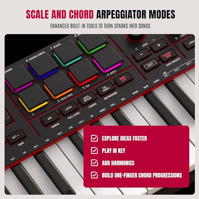 Akai Professional MPK Mini IV USB-C MIDI Keyboard Controller for Beginners and Producers - MPC Drum Pads, 360° Knobs, Pitch and Mod Wheels, Production Software, Native Instruments Sound Package, Black