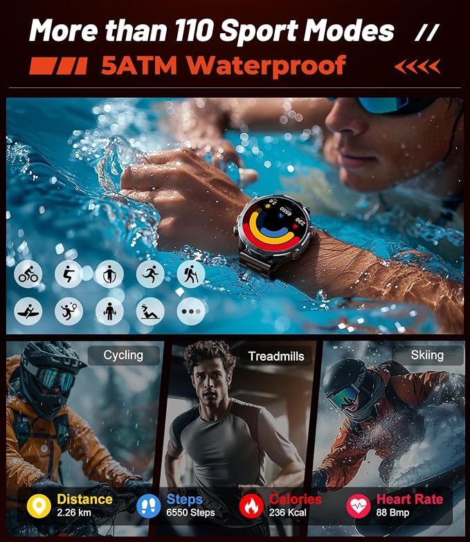 Military Smart Watch for Men, 1.85'' HD Large Screen Smartwatch, 800mAh/LED Flashlight/IP68 Waterproof/Pedometer/100+ Sports Fitness Tracker, Mens Smart Watches for Android iOS, Black