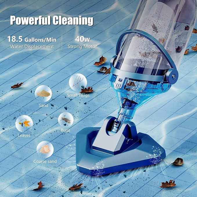 Pool Vacuum for Above Ground Pool with a Telescopic Pole, Running time up to 1H, Handheld Rechargeable Pool Cleaner with Powerful Suction up to 18.5 gallons/min, Ideal for Leaves & Debris, PC10