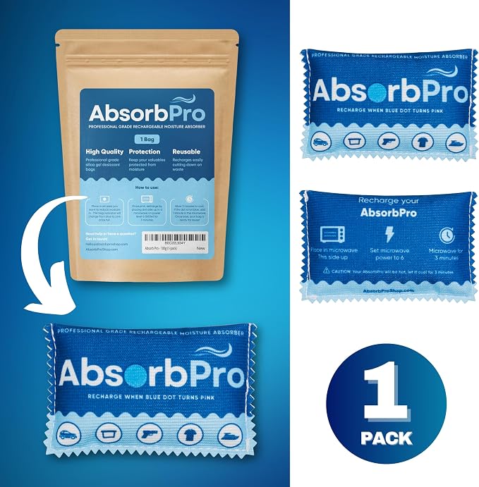 Absorb Pro Rechargeable Dehumidifier Bag 1-Pack - 100g Reusable Moisture Absorbers - Silica Gel Packets for Bins, Totes, Gun Safe, Food Storage, Clothes, Cars, and Boats