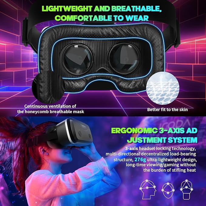VR Headset with Bluetooth Remote for 4.7-7" iPhone & Android Phones, HD Aspheric Lenses, Adjustable Focus & Pupil Distance, Heat Dissipation Design